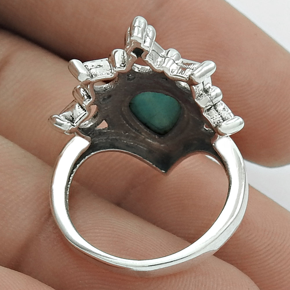 Throat Chakra Natural Turquoise 925 Sterling Silver Cocktail Crown Ring