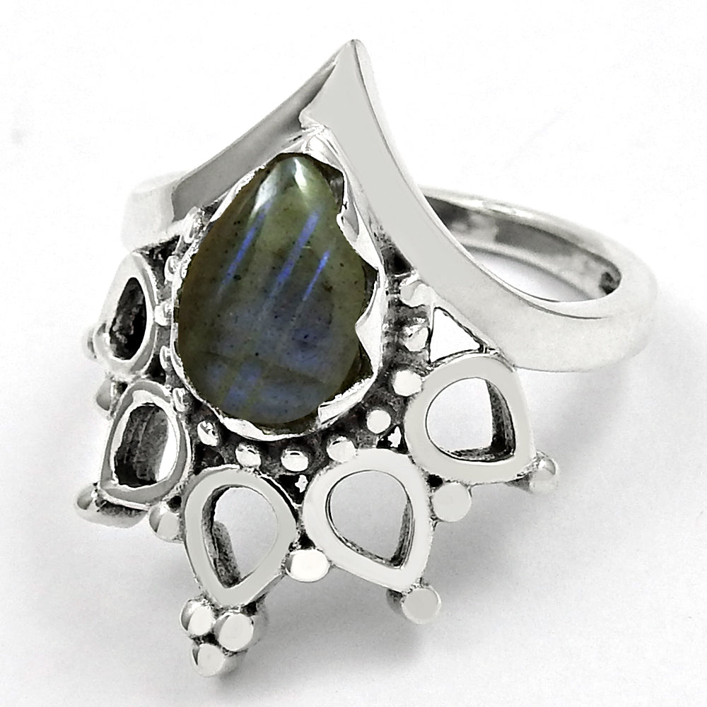 Natural Labradorite Gemstone 925 Silver Statement Boho Ring For Girls A8