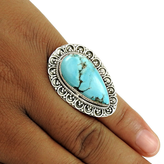 Gift For Woman Natural Turquoise Statement Tribal Ring 925 Silver K7