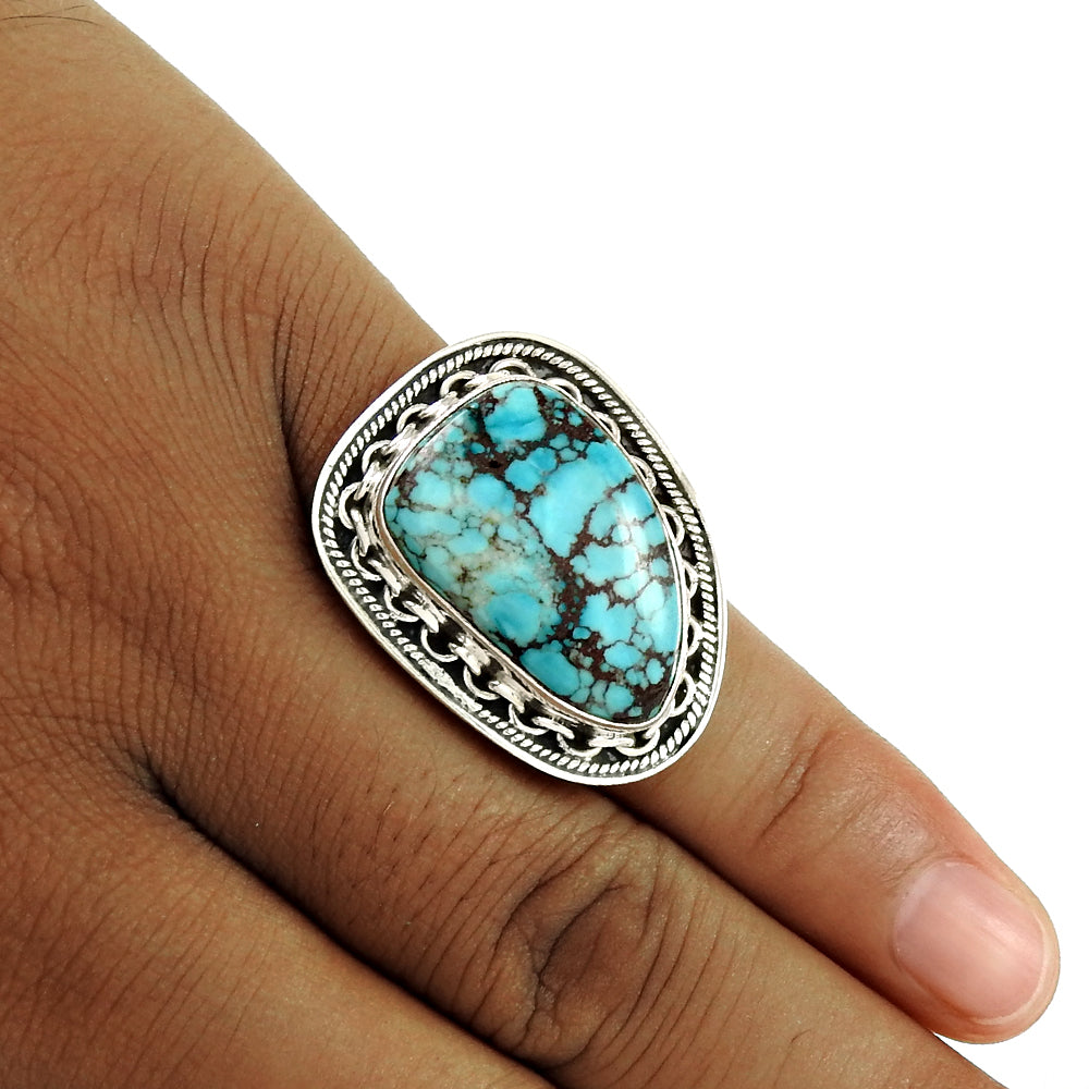 Gift For Her Natural Turquoise Cocktail Artisan Look Ring 925 Silver G47