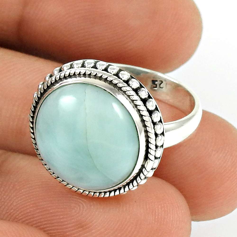 Gift For Woman 925 Silver Natural Larimar Solitaire Vintage Ring X48