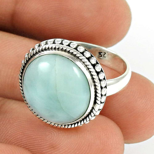Gift For Woman 925 Silver Natural Larimar Solitaire Vintage Ring X48