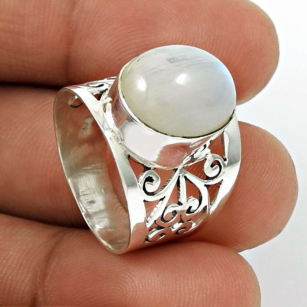 Natural Rainbow Moonstone Gemstone Band Ring 925 Silver For Girls O7