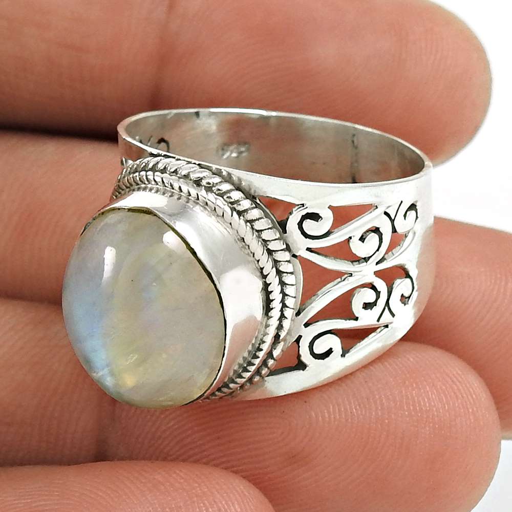 Natural Rainbow Moonstone Gemstone Band Ring 925 Silver For Girls O7