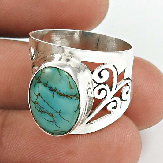 Natural Turquoise Gemstone Band Ring 925 Sterling Silver For Women R7