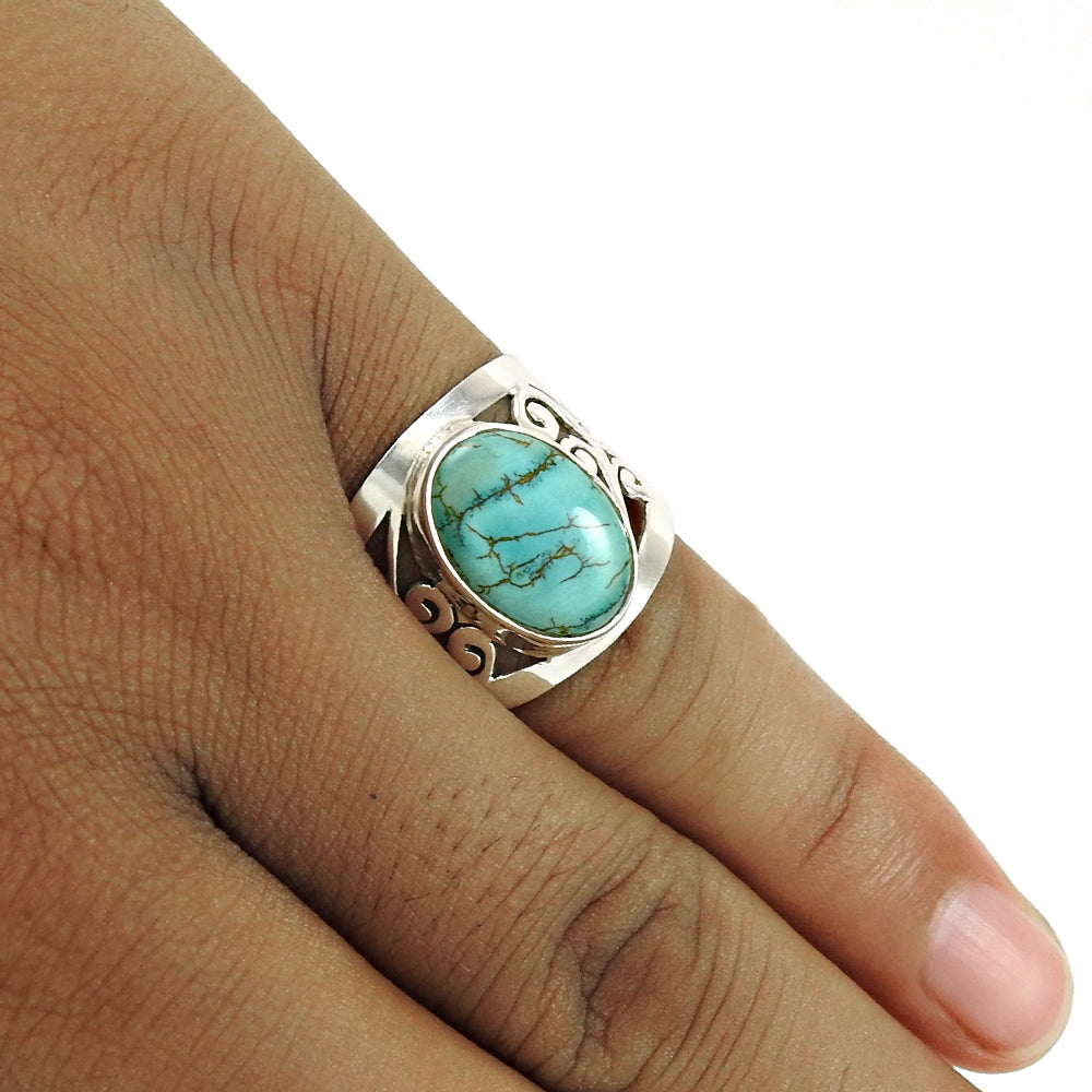 Natural Turquoise Gemstone Band Ring 925 Sterling Silver For Women R7