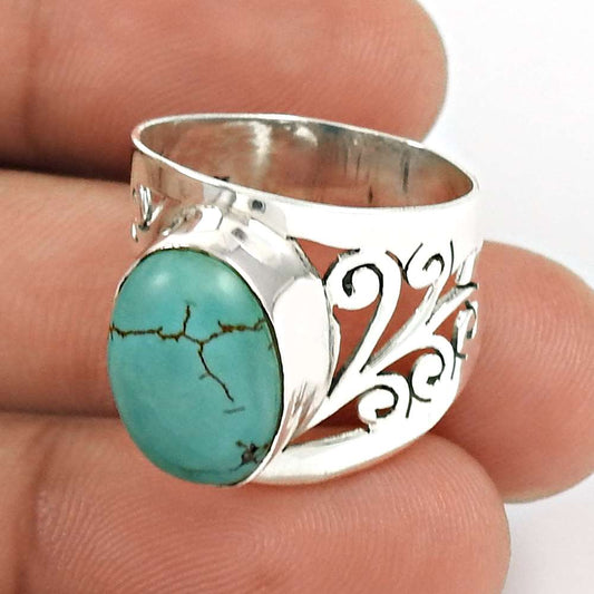 Natural Turquoise Gemstone Band Ring 925 Sterling Silver For Women R7