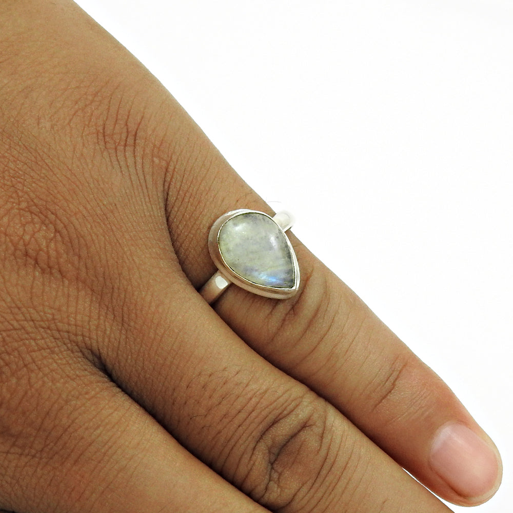 Tear Drop Natural Rainbow Moonstone 925 Silver Ring Gift For Women Girls