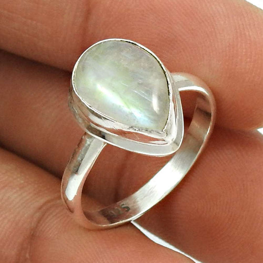 Tear Drop Natural Rainbow Moonstone 925 Silver Ring Gift For Women Girls