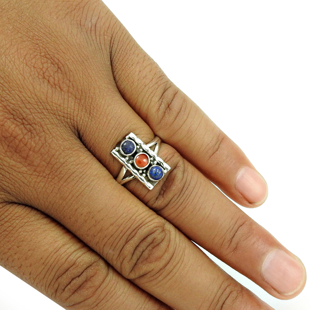 Gift For Her 925 Sterling Silver Natural Coral Lapis Lazuli Gemstone Ring