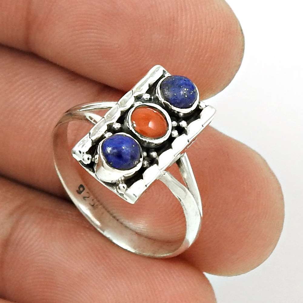 Gift For Her 925 Sterling Silver Natural Coral Lapis Lazuli Gemstone Ring