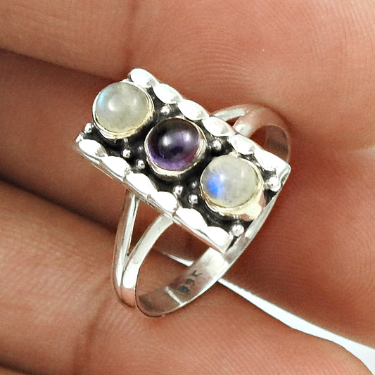 Natural Amethyst Rainbow Moonstone Cocktail Ring 925 Sterling Silver A19