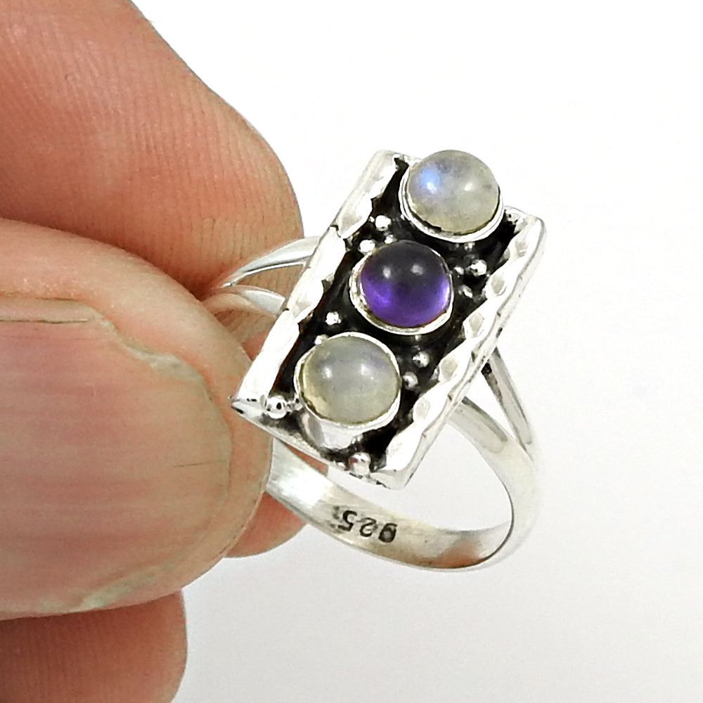 Natural Amethyst Rainbow Moonstone Cocktail Ring 925 Sterling Silver A19