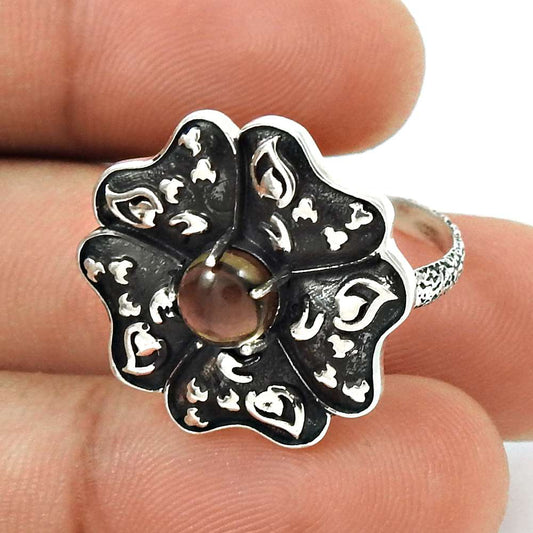 Natural Smoky Quartz Solitaire Flower Ring 925 Silver For Girls T78