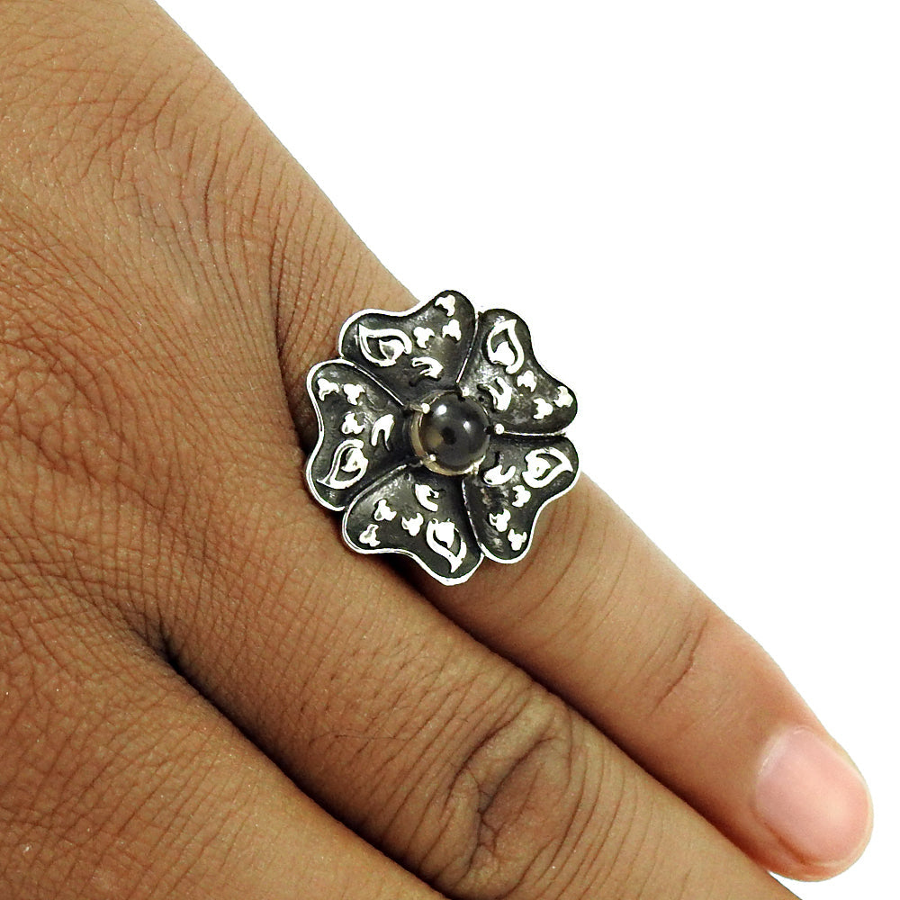 Natural Smoky Quartz Solitaire Flower Ring 925 Silver For Girls T78