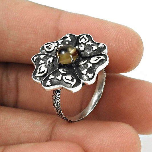 Natural Smoky Quartz Solitaire Flower Ring 925 Silver For Girls T78