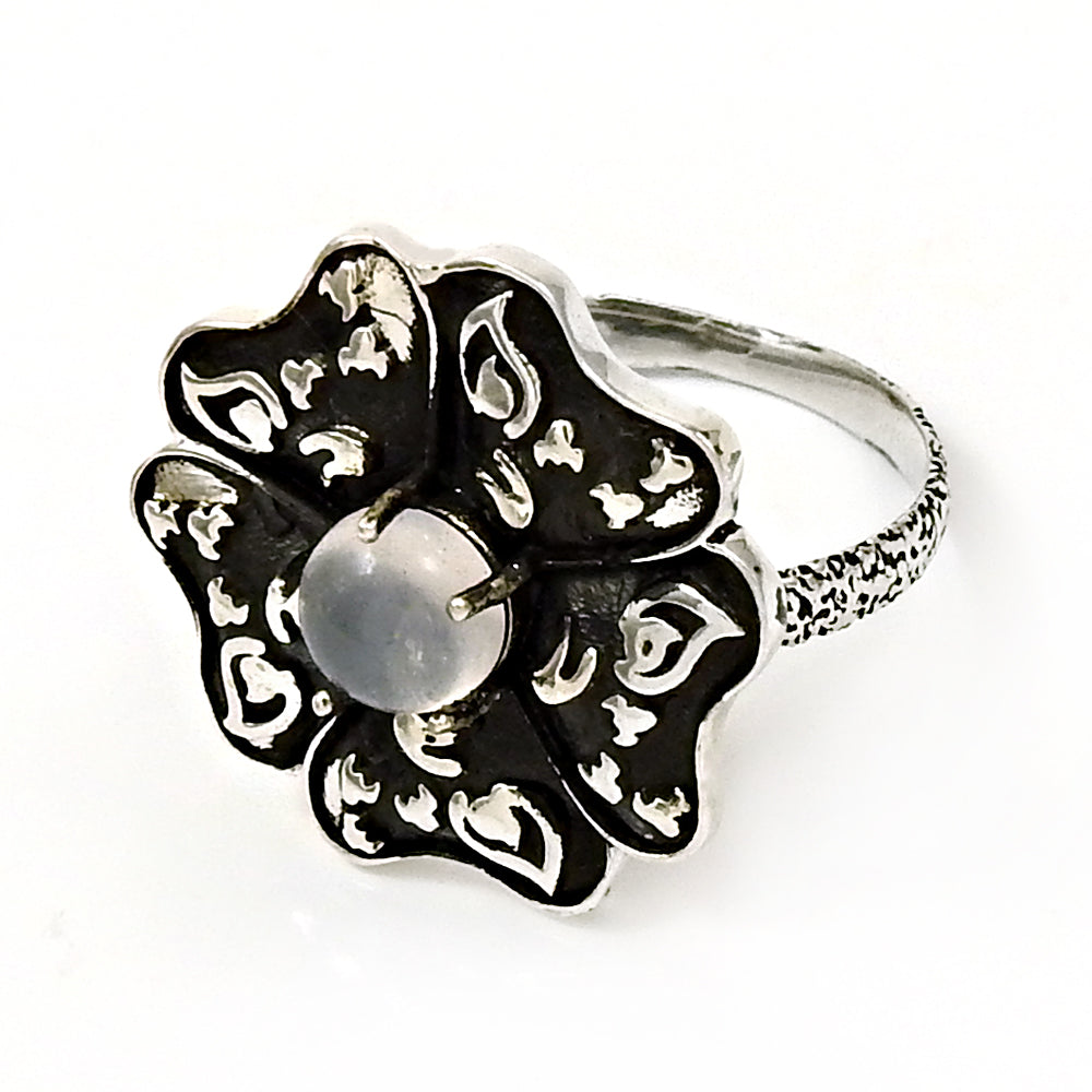 Natural Rose Quartz Statement Flower Ring 925 Oxidized Silver Jewelry U5