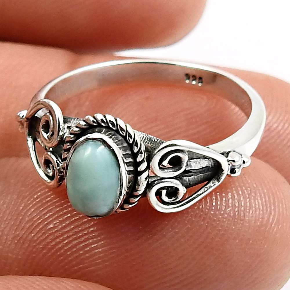 Wedding Gift For Her 925 Silver Natural Larimar Cocktail Vintage Ring N98
