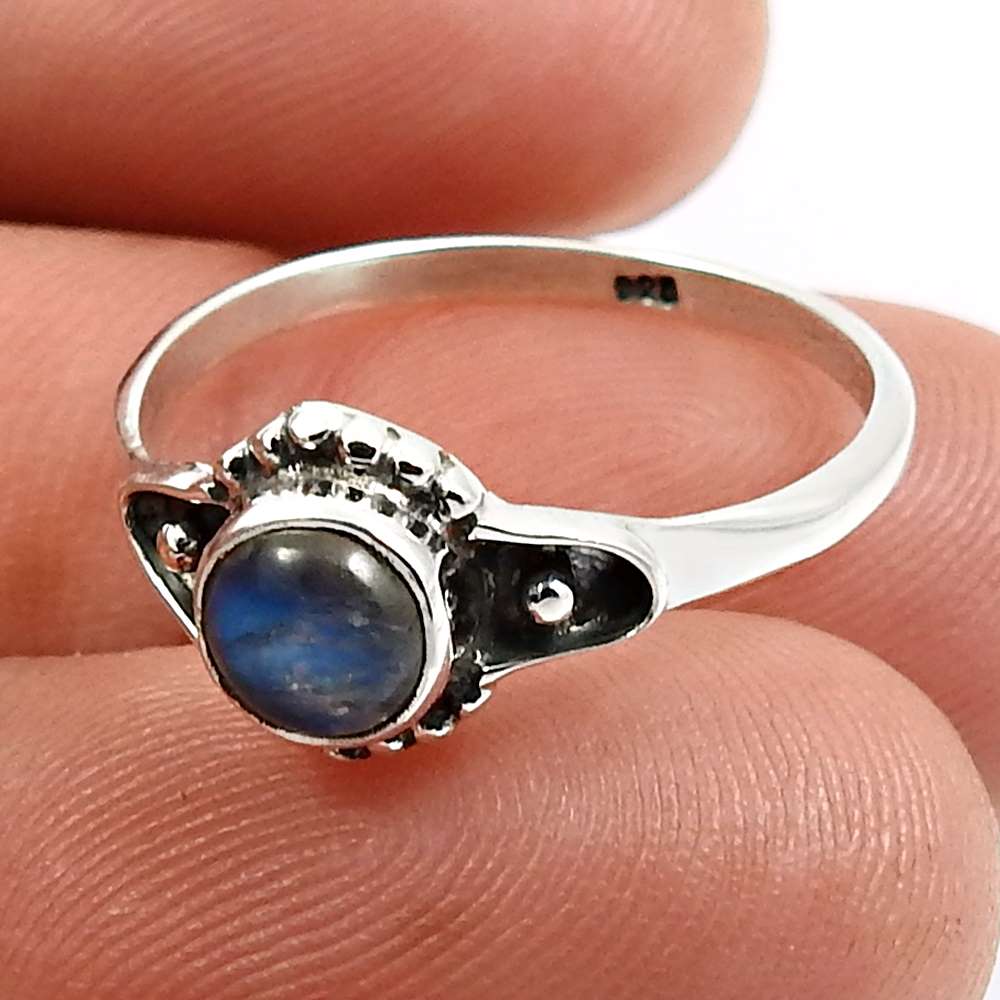 Sterling Silver Natural Rainbow Moonstone Ethnic Solitaire Promise Ring