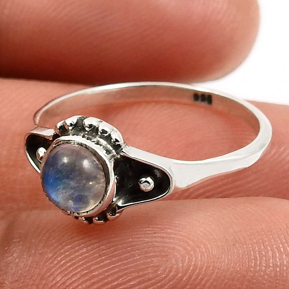 Sterling Silver Natural Rainbow Moonstone Ethnic Solitaire Promise Ring