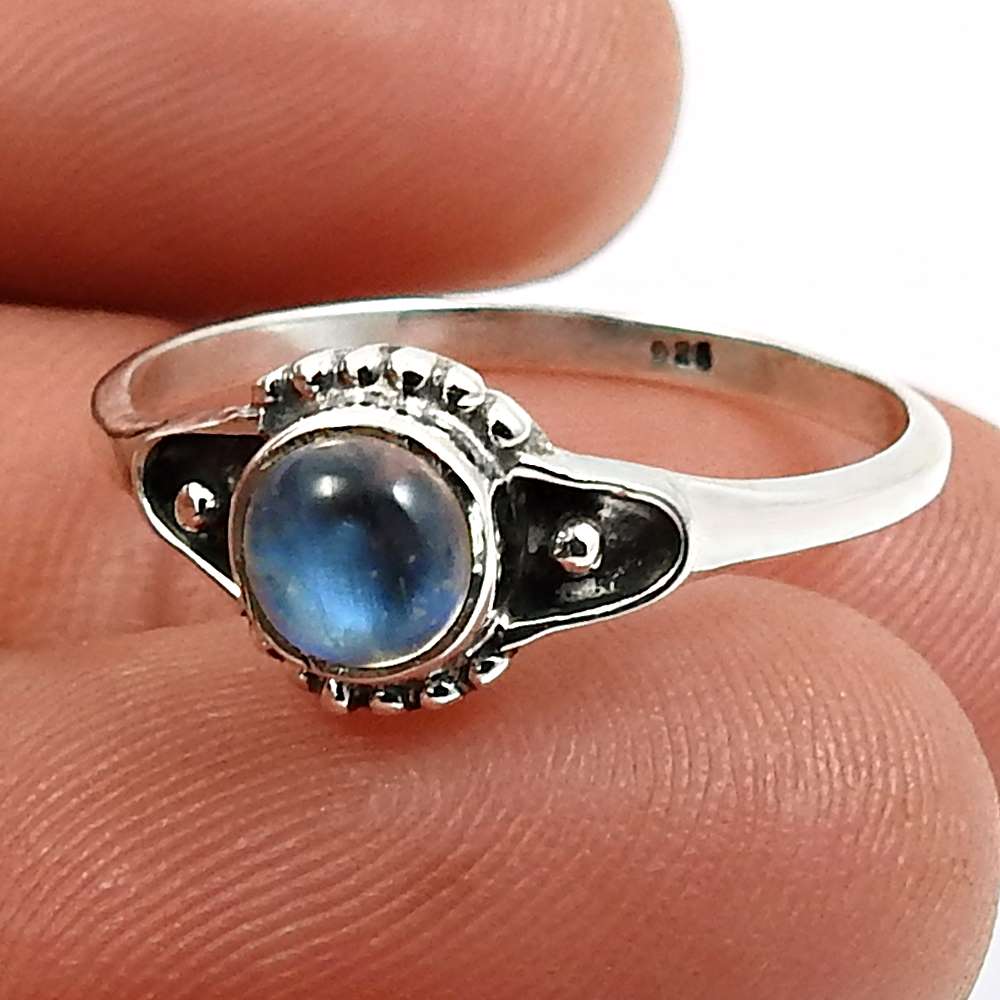 Sterling Silver Natural Rainbow Moonstone Ethnic Solitaire Promise Ring