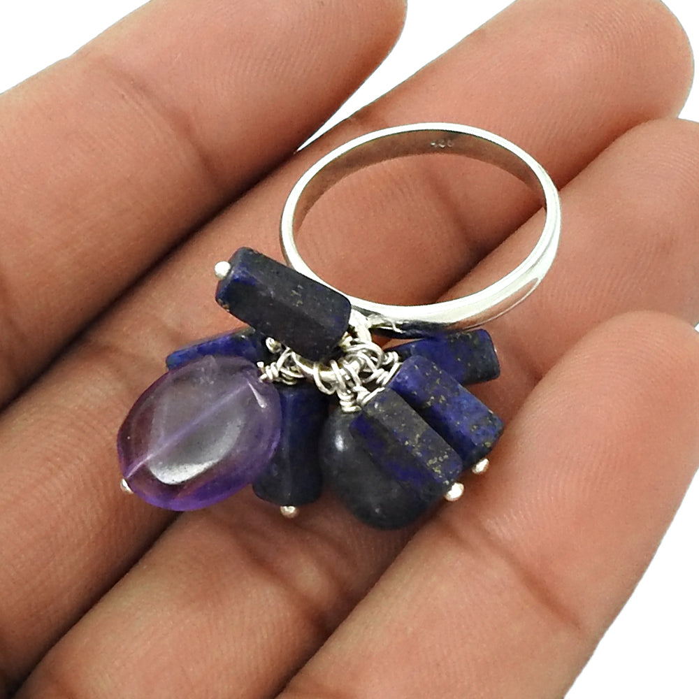 Amethyst Iolite Lapis Kyanite Gemstone Beaded Ring 925 Silver Jewelry D91