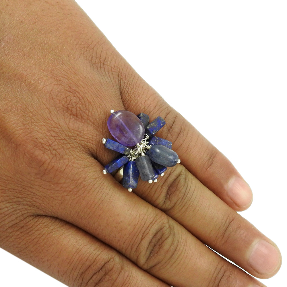 Amethyst Iolite Lapis Kyanite Gemstone Beaded Ring 925 Silver Jewelry D91
