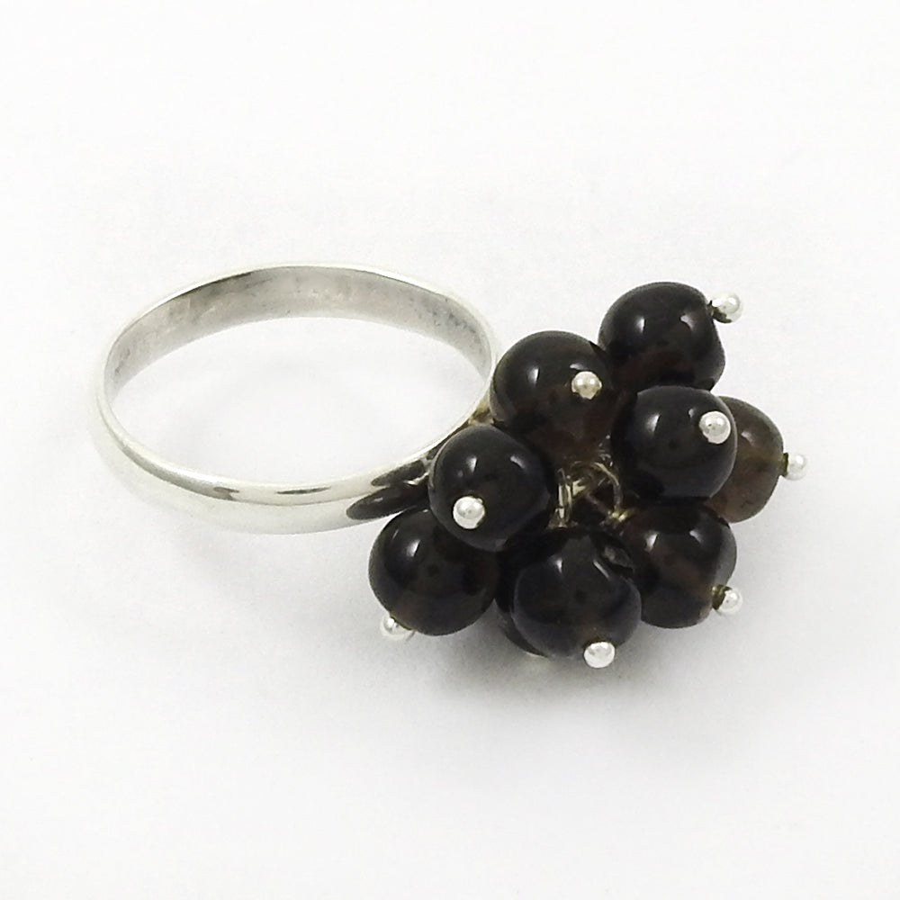 Natural Smoky Quartz Gemstone Beaded Ring 925 Silver For Girls Q3