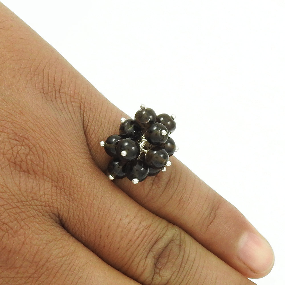 Natural Smoky Quartz Gemstone Beaded Ring 925 Silver For Girls Q3