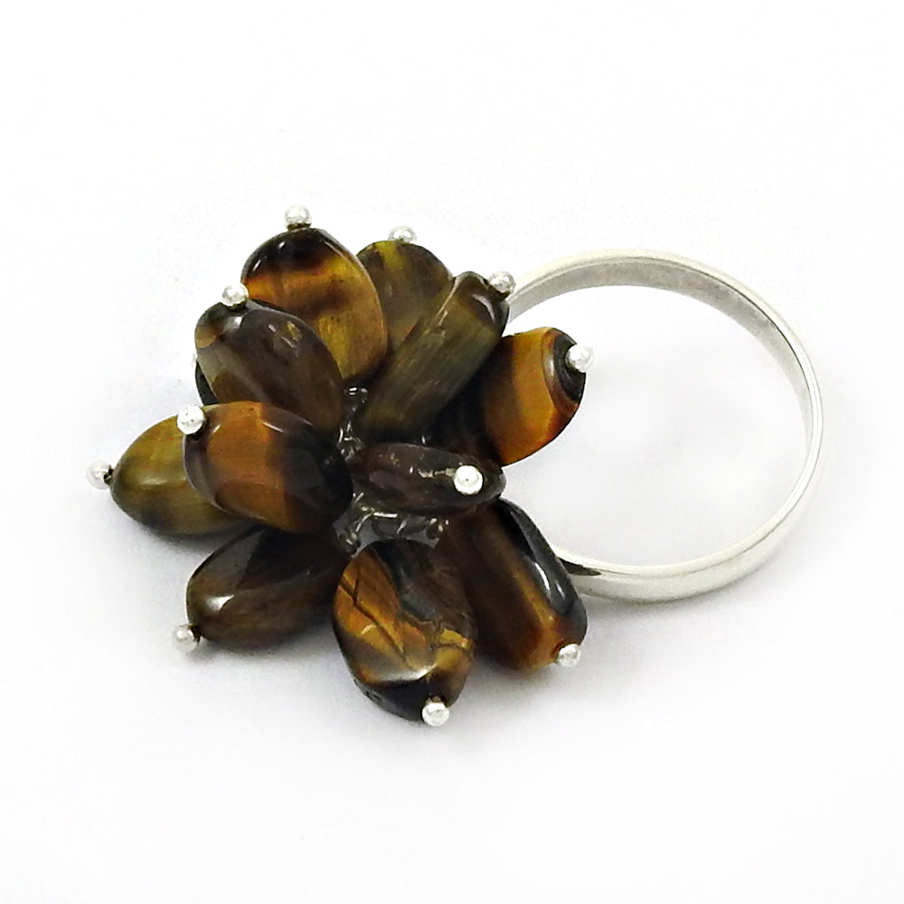 Natural Tiger Eye Gemstone Beaded Brown Ring 925 Sterling Silver M8