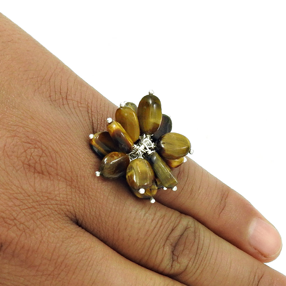 Natural Tiger Eye Gemstone Beaded Brown Ring 925 Sterling Silver M8