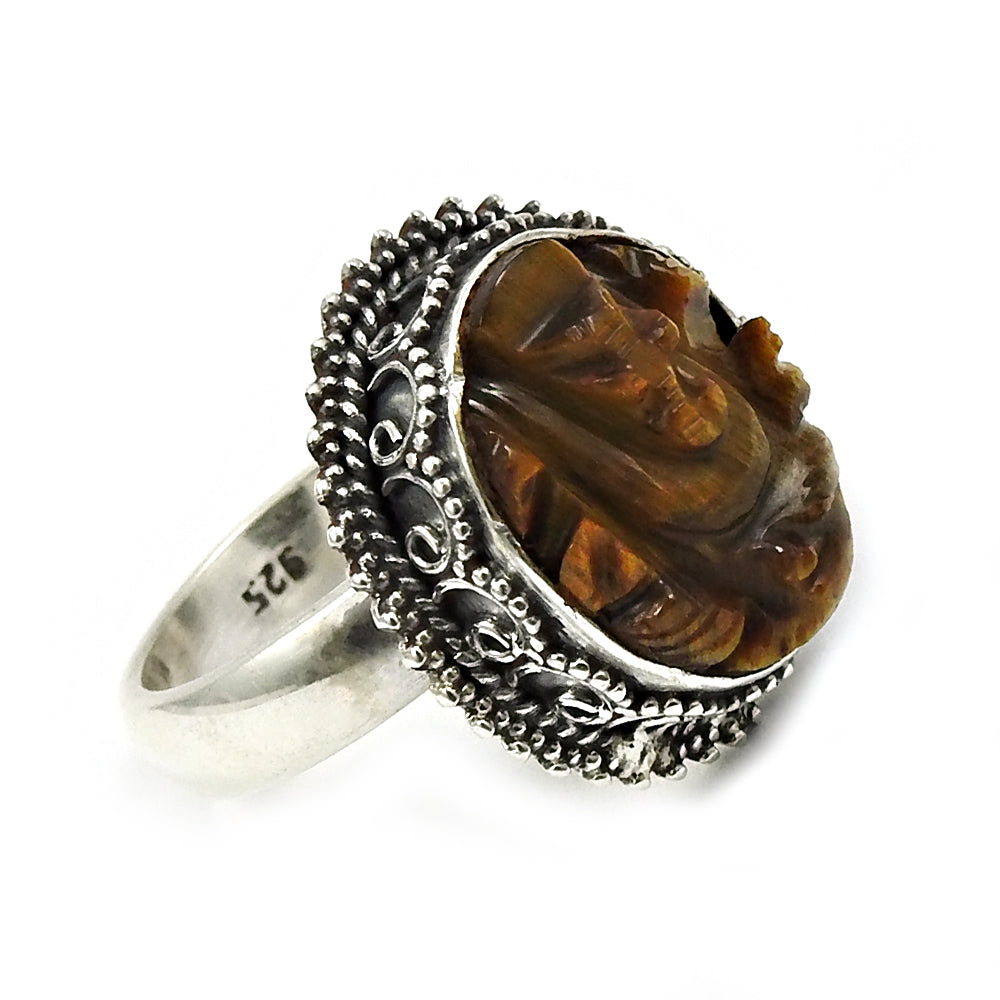 Sisters Day Sale Sterling Silver Natural Tiger Eye Cocktail Ganesha Ring
