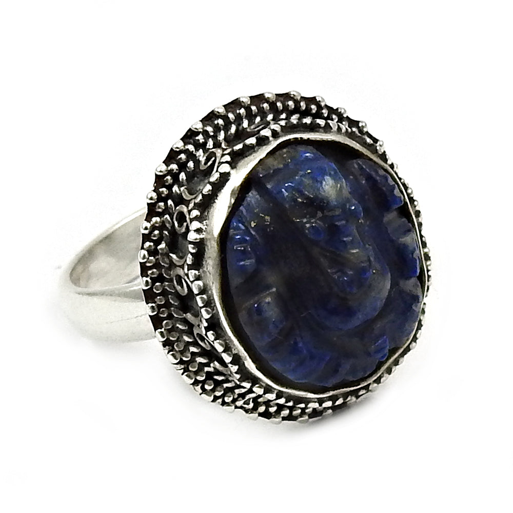 Solitaire Ganesha Ring 925 Silver Natural Lapis Lazuli V53
