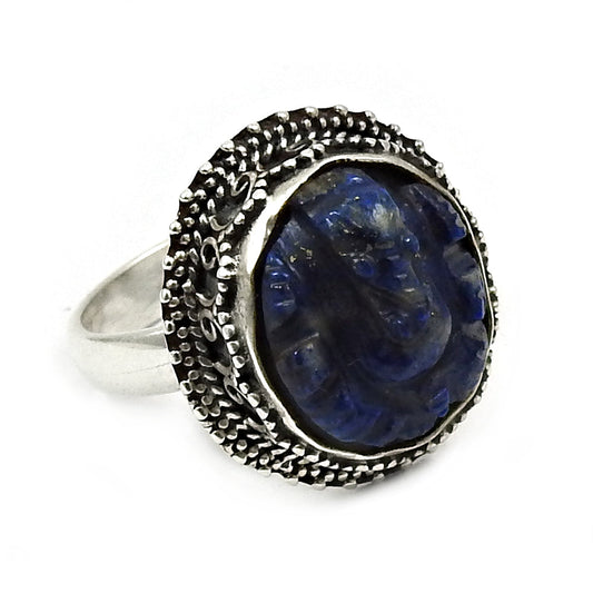 Solitaire Ganesha Ring 925 Silver Natural Lapis Lazuli V53