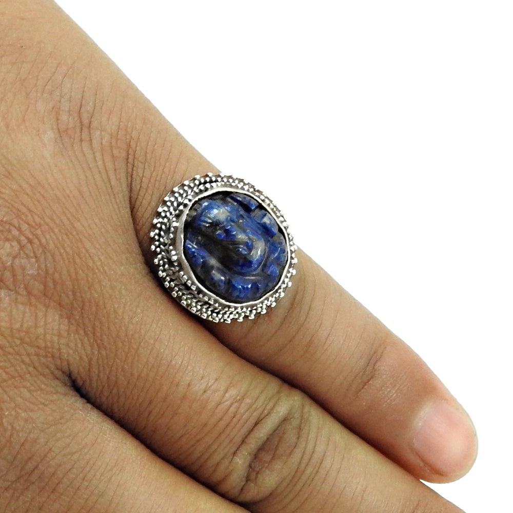 Solitaire Ganesha Ring 925 Silver Natural Lapis Lazuli V53