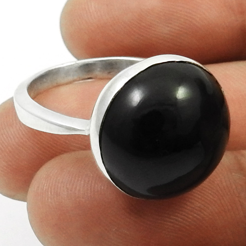 Natural Black Onyx Gemstone Solitaire Boho Ring 925 Silver For Girls U11