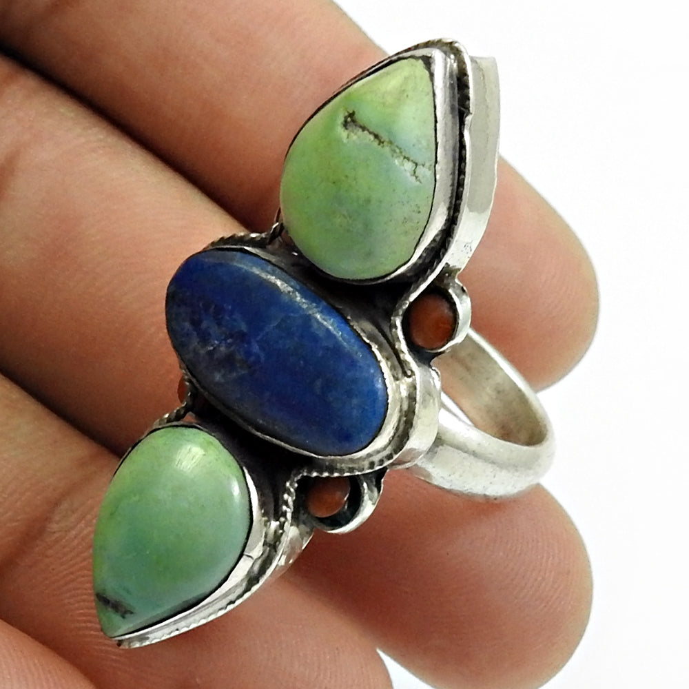 Solid 925 Silver Natural Lapis Lazuli Turquoise Coral Trendy Boho Ring