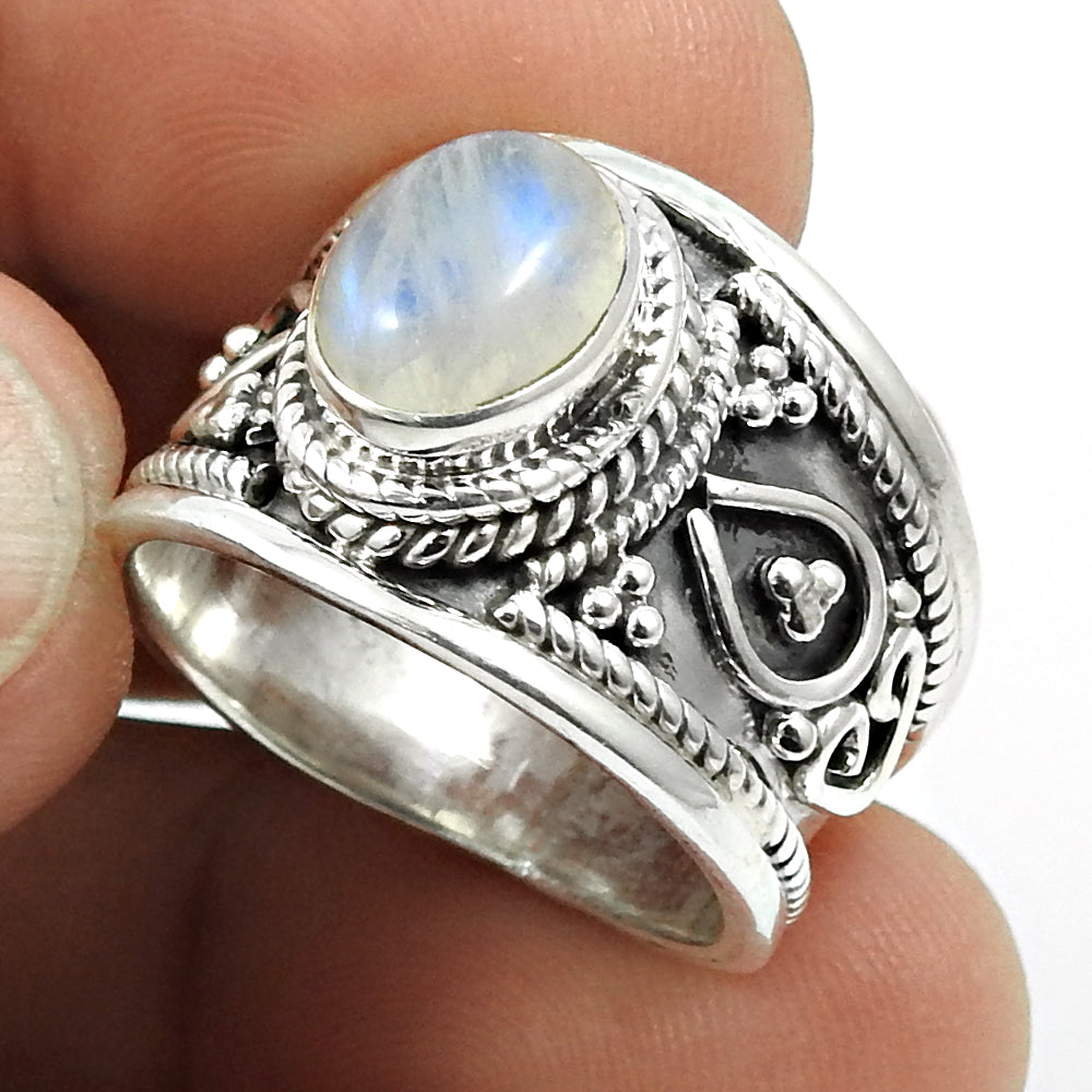 Natural Rainbow Moonstone Ring 925 Sterling Silver Gift For Her Band Z2