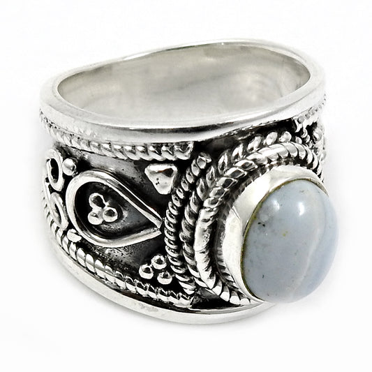 Natural Blue Lace Agate Statement Ethnic Sky Blue Ring 925 Silver T10