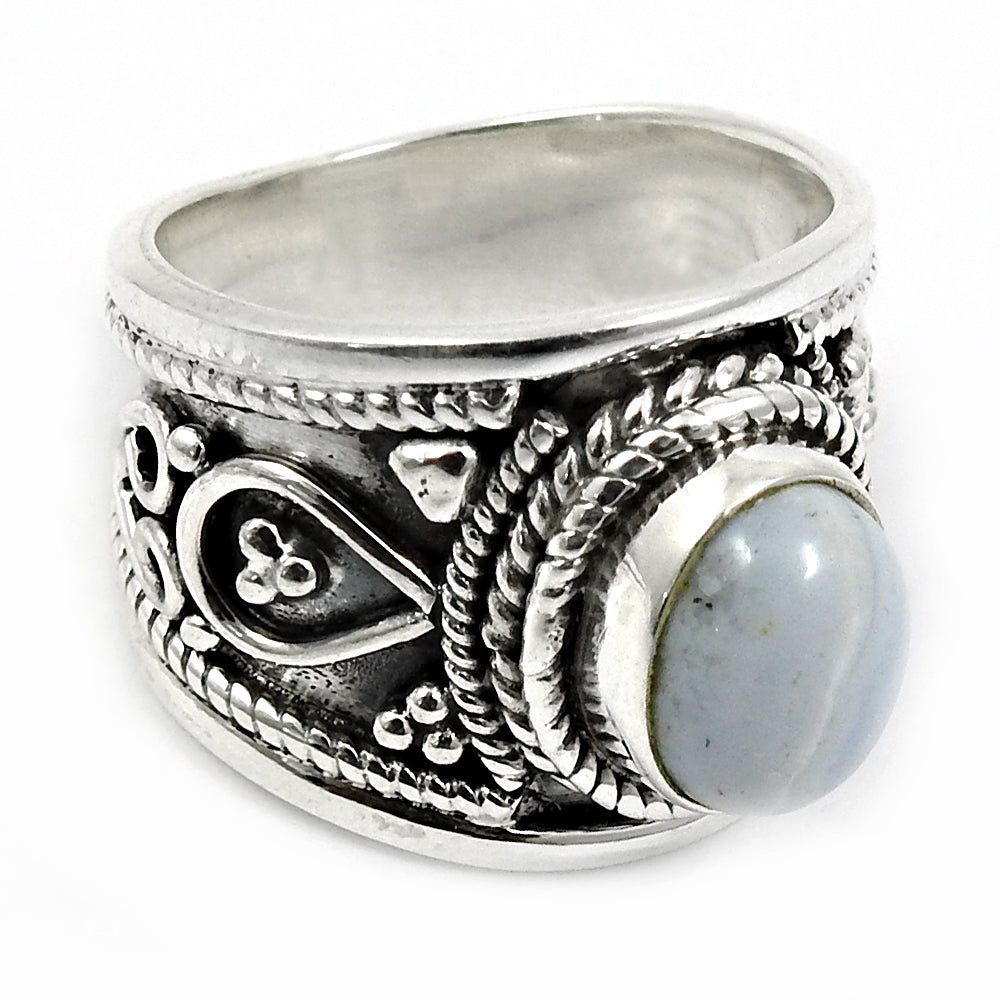 Natural Blue Lace Agate Statement Ethnic Sky Blue Ring 925 Silver T10