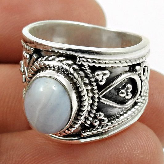 Natural Blue Lace Agate Statement Ethnic Sky Blue Ring 925 Silver T10