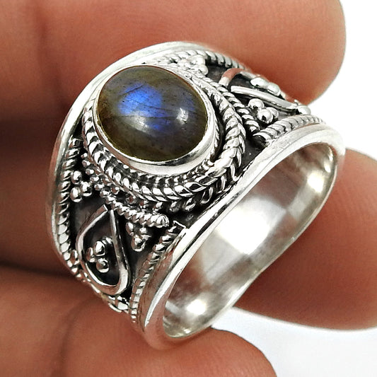 Natural Labradorite 925 Silver Solitaire Boho Ring For Girls Q4