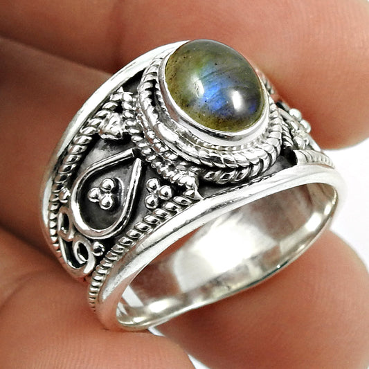 Natural Labradorite 925 Silver Solitaire Boho Ring For Girls Q4