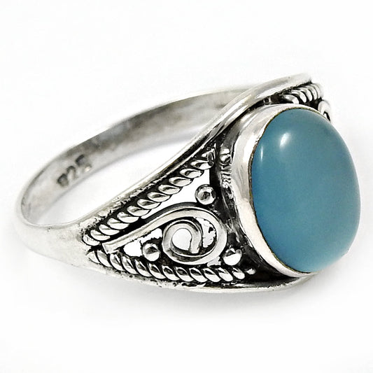 Gift For Her Natural Chalcedony Solitaire Tribal Ring 925 Silver T11