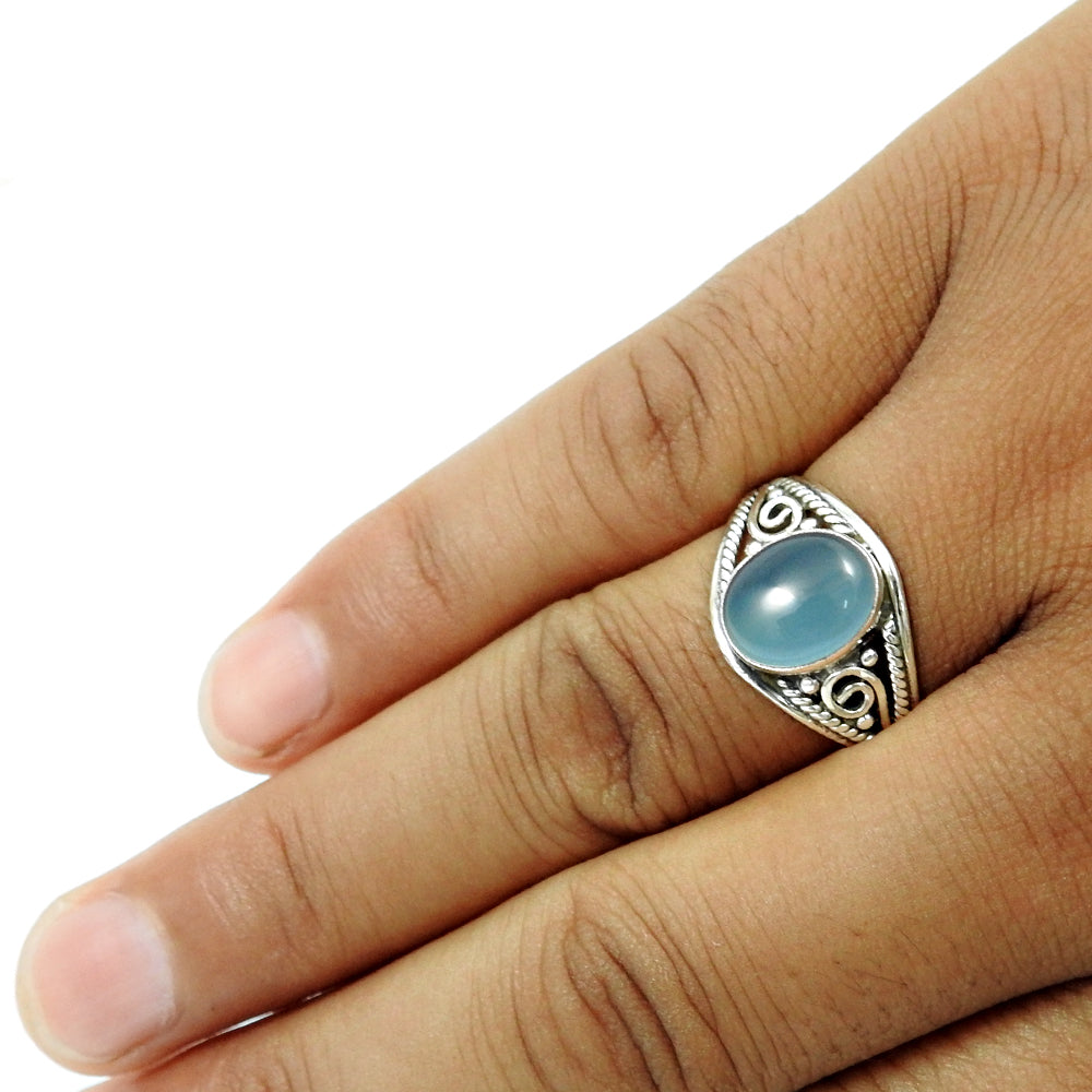 Gift For Her Natural Chalcedony Solitaire Tribal Ring 925 Silver T11