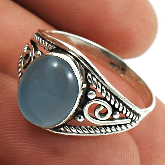 Gift For Her Natural Chalcedony Solitaire Tribal Ring 925 Silver T11