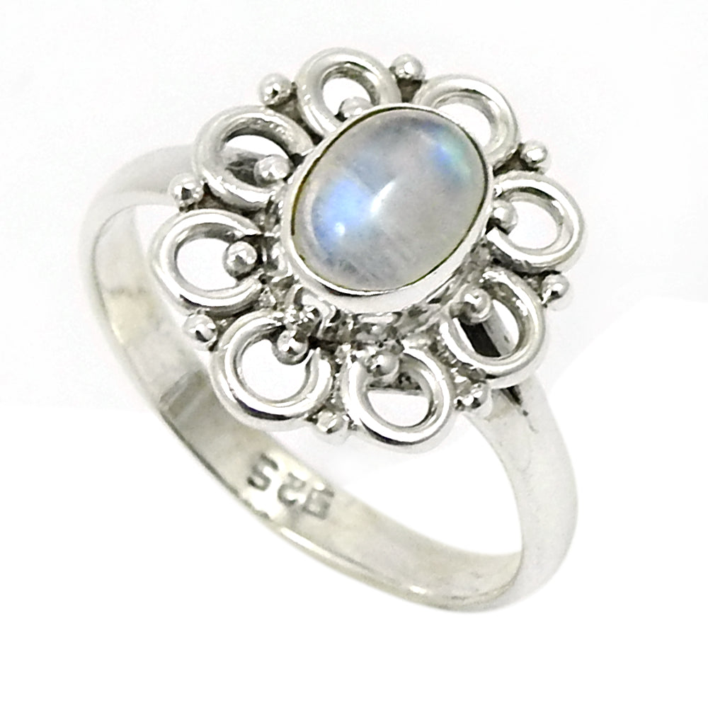 Natural Rainbow Moonstone Cocktail Tribal White Ring 925 Silver U25