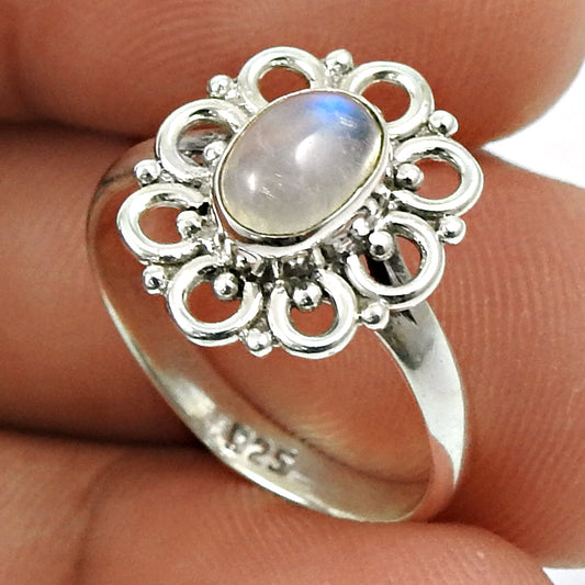 Natural Rainbow Moonstone Cocktail Tribal White Ring 925 Silver U25