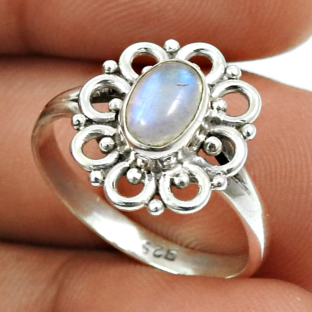 Natural Rainbow Moonstone Cocktail Tribal White Ring 925 Silver U25