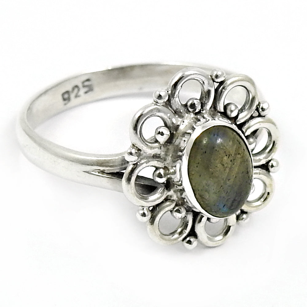 Sterling Silver Oval Labradorite Stone Tribal Art Deco Solitaire Ring
